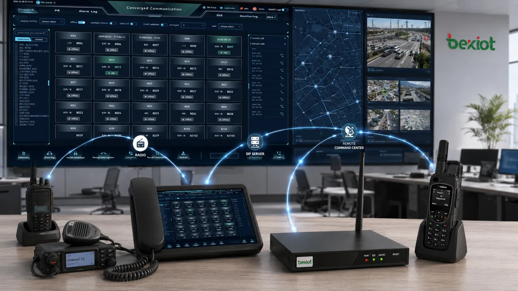 بنية تكامل تضم بوابة RoIP ووحدة dispatch صوتية محمولة وخادم SIP وهاتفًا فضائيًا ومركز قيادة بعيد