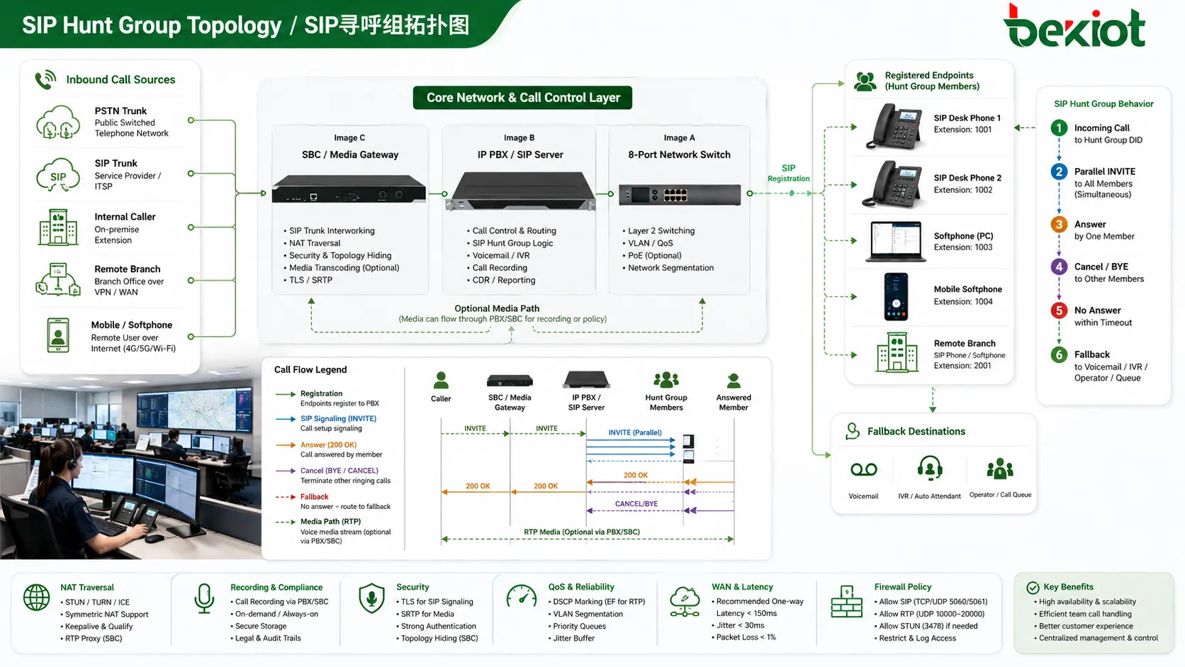 طوبولوجيا SIP لمجموعة بحث تضم IP PBX وخادم SIP وSBC وفروعاً بعيدة وهواتف برمجية وهواتف مكتبية