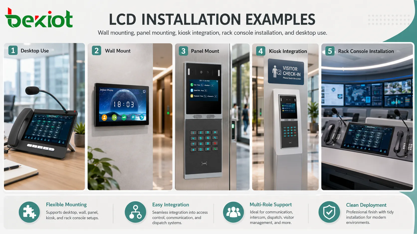 خيارات تركيب LCD تشمل تركيب VESA على الجدار وتركيب اللوحة وتكامل الكشك وكونسول الرف وشاشة سطح المكتب