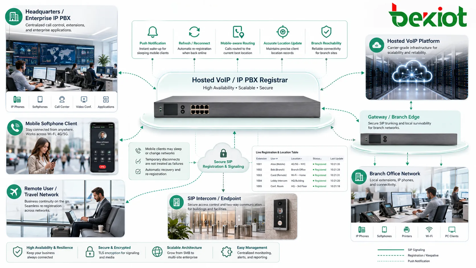 تستخدم خدمات Registrar في IP PBX وVoIP المستضاف والفروع والعملاء المتنقلين والبوابات وطرفيات SIP.