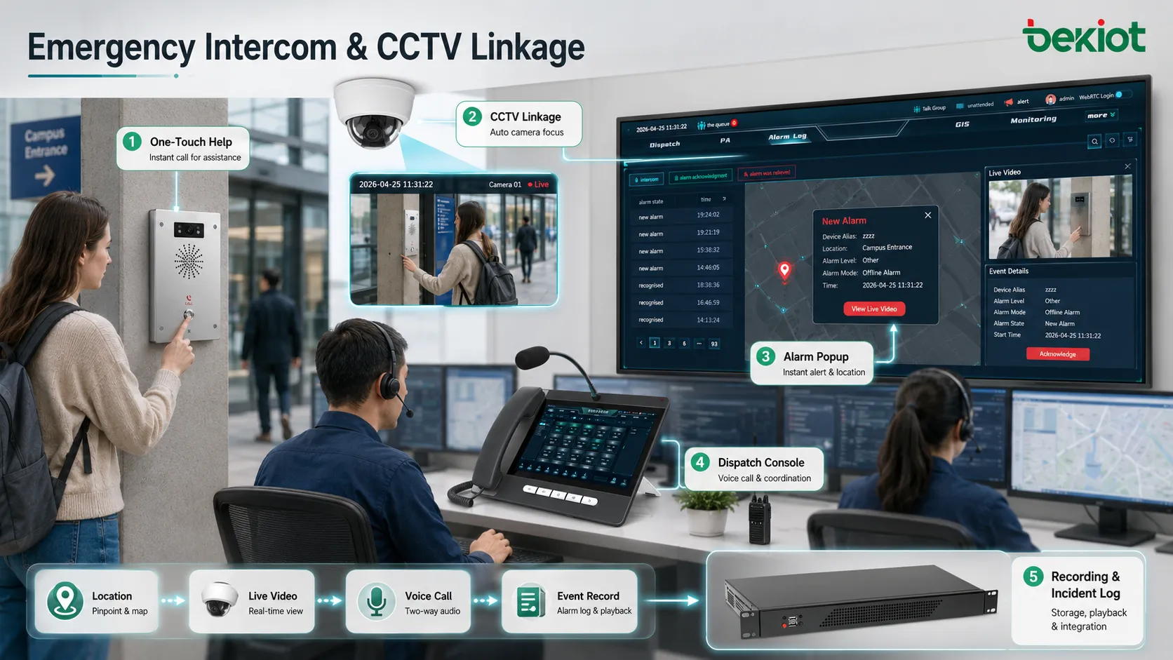 طرفية اتصال داخلي للطوارئ مرتبطة بكاميرا CCTV وخريطة GIS ونافذة إنذار ووحدة تشغيل التوجيه والتنسيق