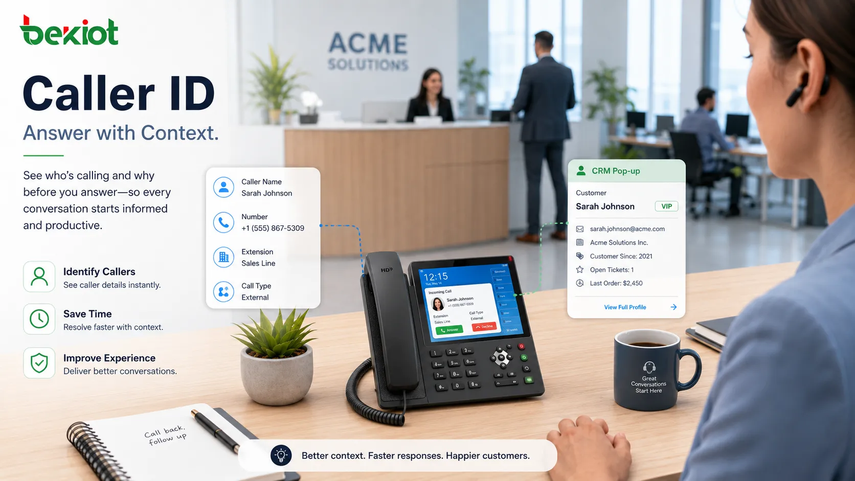 وظيفة تعريف المتصل تعرض الرقم الوارد واسم المتصل وتسمية التحويلة ونافذة CRM قبل الرد