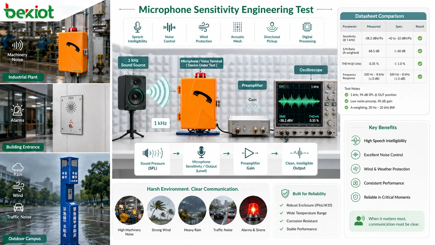 اختبار هندسي لحساسية الميكروفون مع غرفة صوتية ومصدر 1 kHz ومضخم أولي وراسم ذبذبات ومقارنة ورقة بيانات