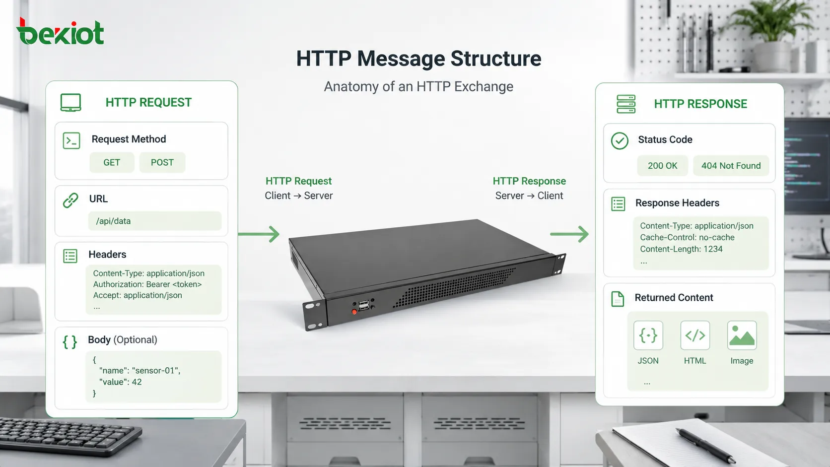 سير عمل طلب واستجابة HTTP يوضح عميل المتصفح واستعلام DNS وخادم الويب وطريقة الطلب والرؤوس ورمز الحالة وجسم الاستجابة