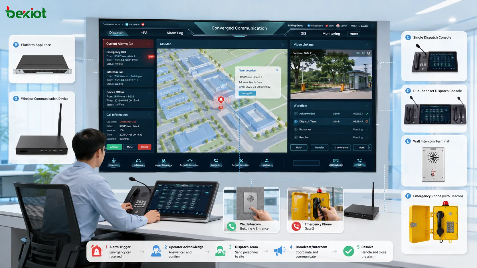 رصد توجيه متكامل مع مكالمة صوتية وربط فيديو وخريطة GIS ونافذة إنذار وسير استجابة المشغل