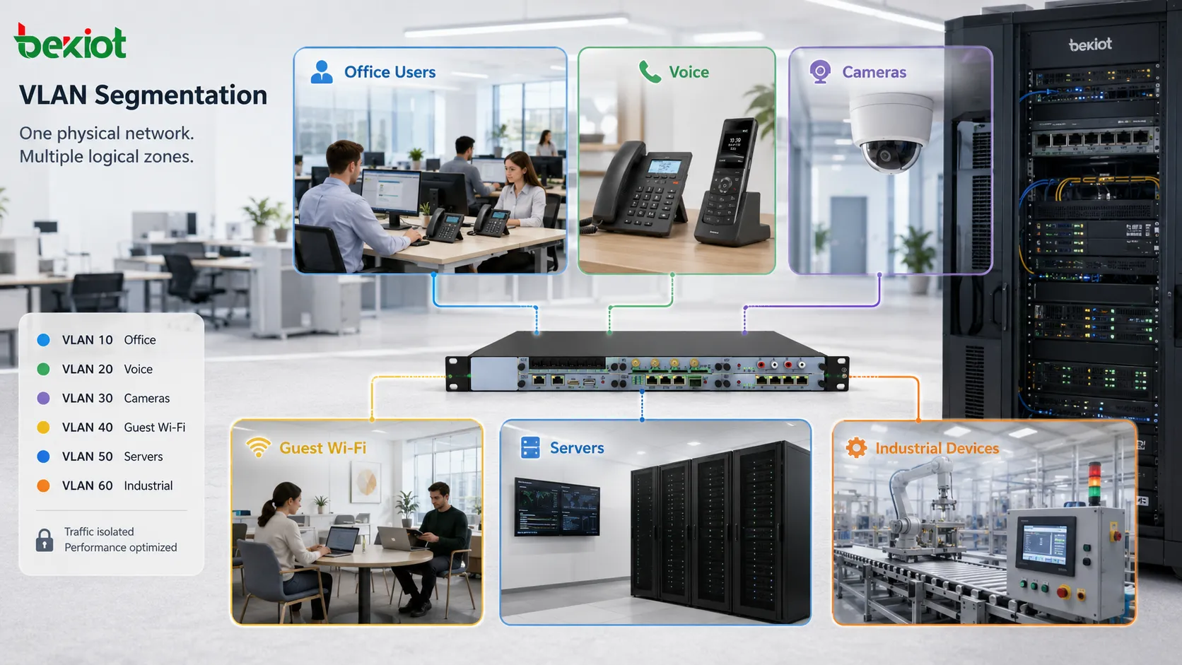 مفهوم تجزئة VLAN يوضح مستخدمي المكاتب وهواتف IP والكاميرات وشبكة Wi-Fi للضيوف والخوادم والأجهزة الصناعية مفصولة في مناطق شبكية منطقية