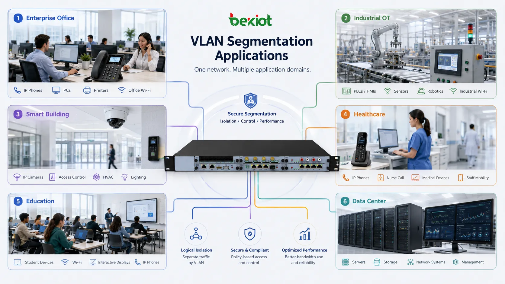 تطبيقات تجزئة VLAN في مكاتب المؤسسات وبيئات OT الصناعية والمباني الذكية والرعاية الصحية والتعليم ومراكز البيانات