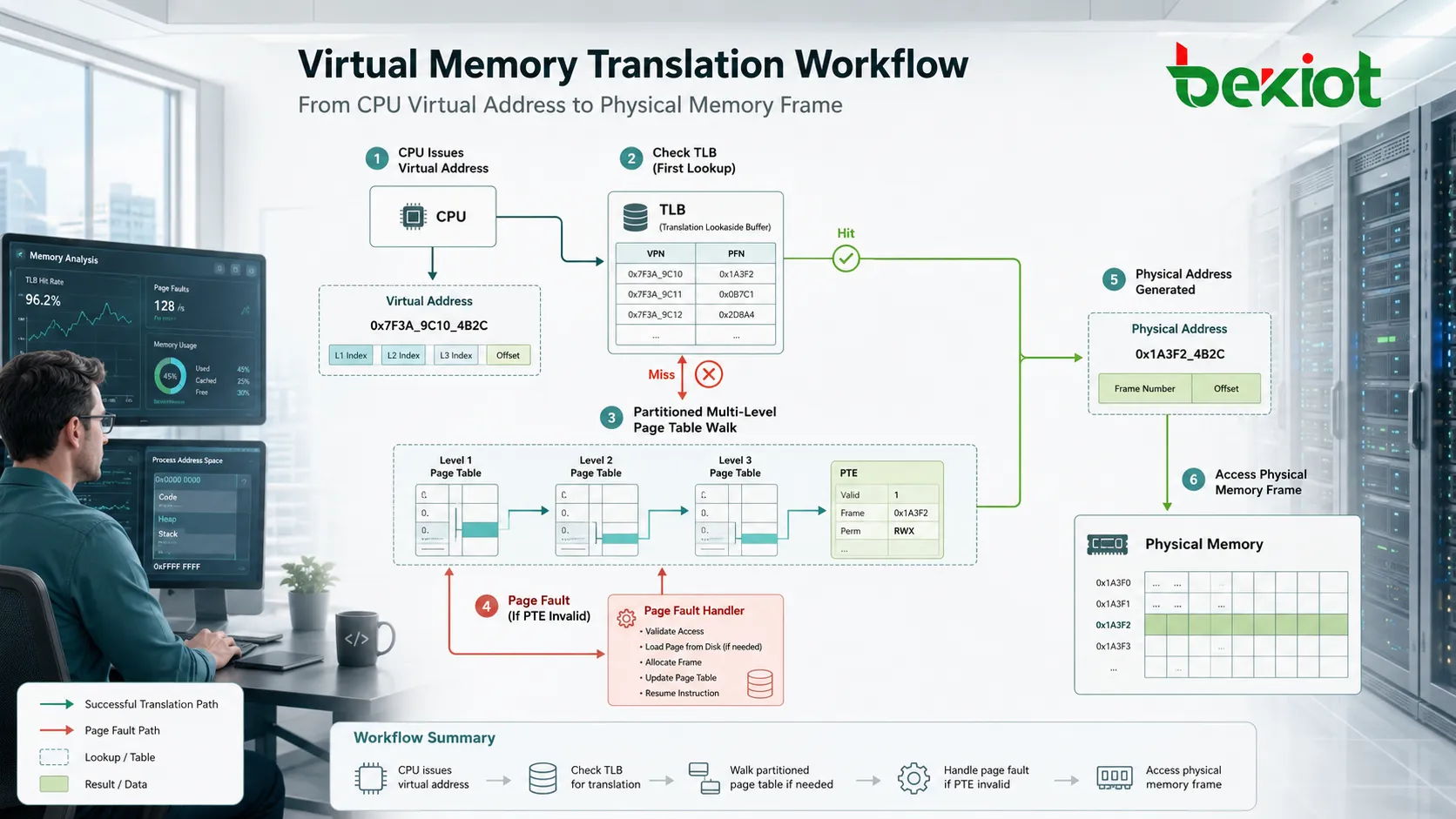 تدفق ترجمة الذاكرة الافتراضية مع عنوان CPU وبحث TLB ومسار جدول الصفحات والإطار الفيزيائي