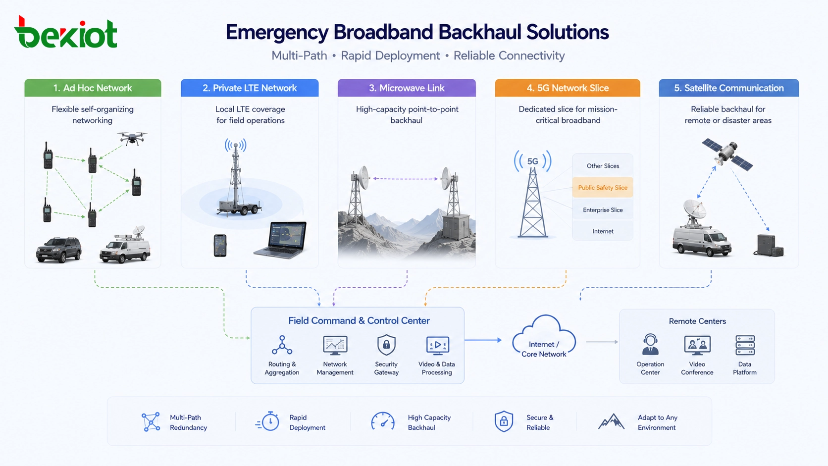 النقل الخلفي العريض للطوارئ باستخدام الشبكة المخصصة والشبكة الخاصة LTE ورابط الميكروويف وتجزئة 5G والاتصال عبر الأقمار الصناعية