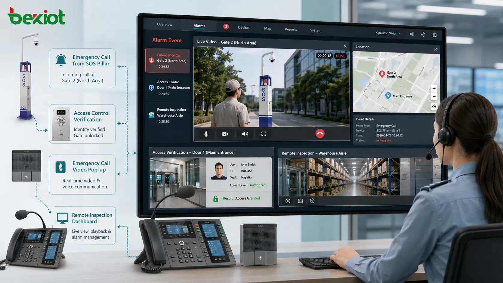 حالات استخدام تكامل الفيديو مع ربط الإنذار والتحقق من الوصول ومكالمة الطوارئ ونافذة الفيديو والفحص عن بعد