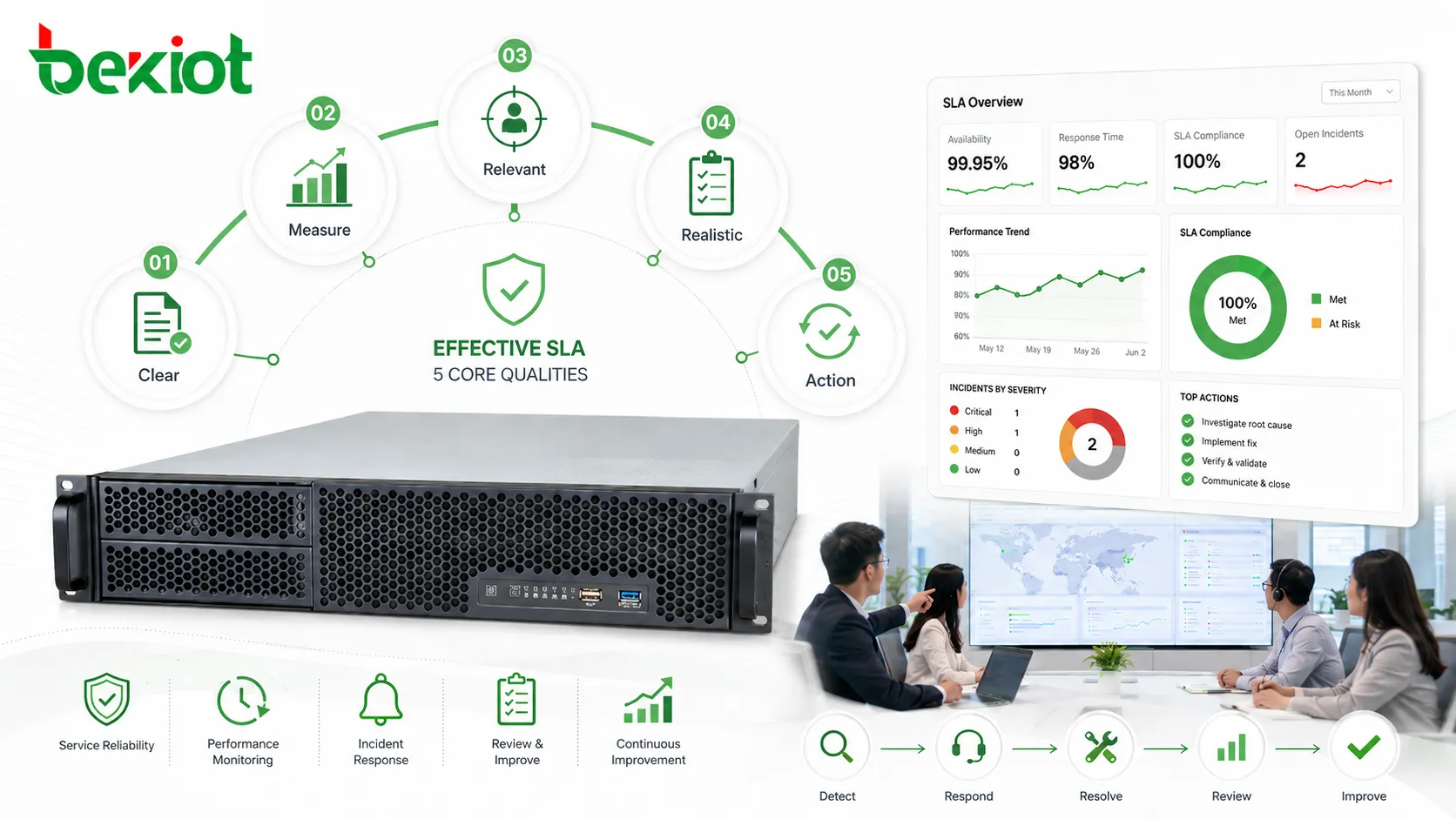 إطار تقييم فعالية SLA مع أهداف قابلة للقياس ونطاق الخدمة ومستويات الخطورة ودقة التقارير والإجراءات التصحيحية