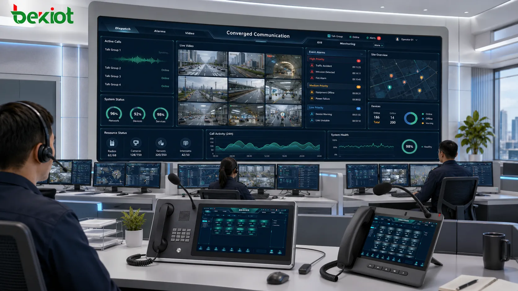 Control room monitoring overview with video wall, alarms, communication channels, sensor data and operator workstations