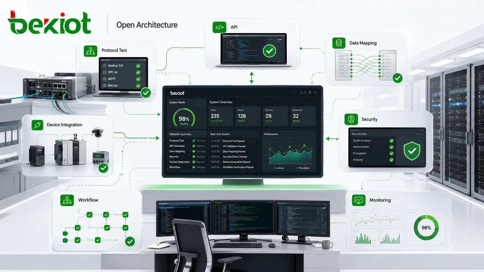 اختبار التشغيل البيني للبنية المفتوحة يشمل توافق البروتوكولات والتحقق من API وربط البيانات وفحوص الأمن وتكامل الأجهزة والتحقق من سير العمل ولوحة المراقبة