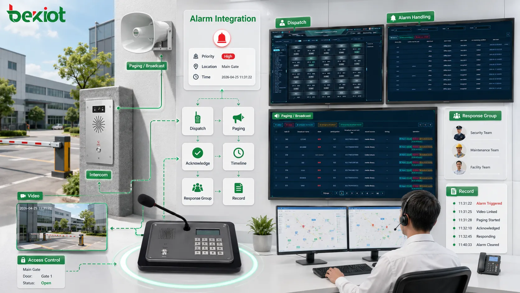 لوحة قيمة تكامل الإنذارات تعرض الأولوية والموقع والفيديو ومجموعة الاستجابة والإشعار والتأكيد والخط الزمني