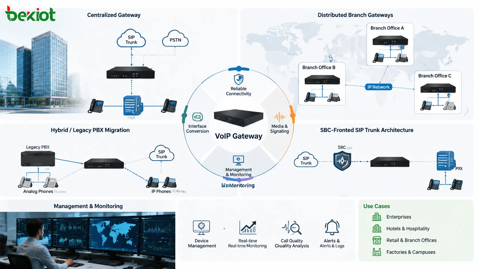 أنماط نشر بوابة VoIP تشمل البنية المركزية والبوابات الموزعة وهجرة PBX الهجينة وبنية SIP trunk أمامها SBC مع الإدارة والمراقبة
