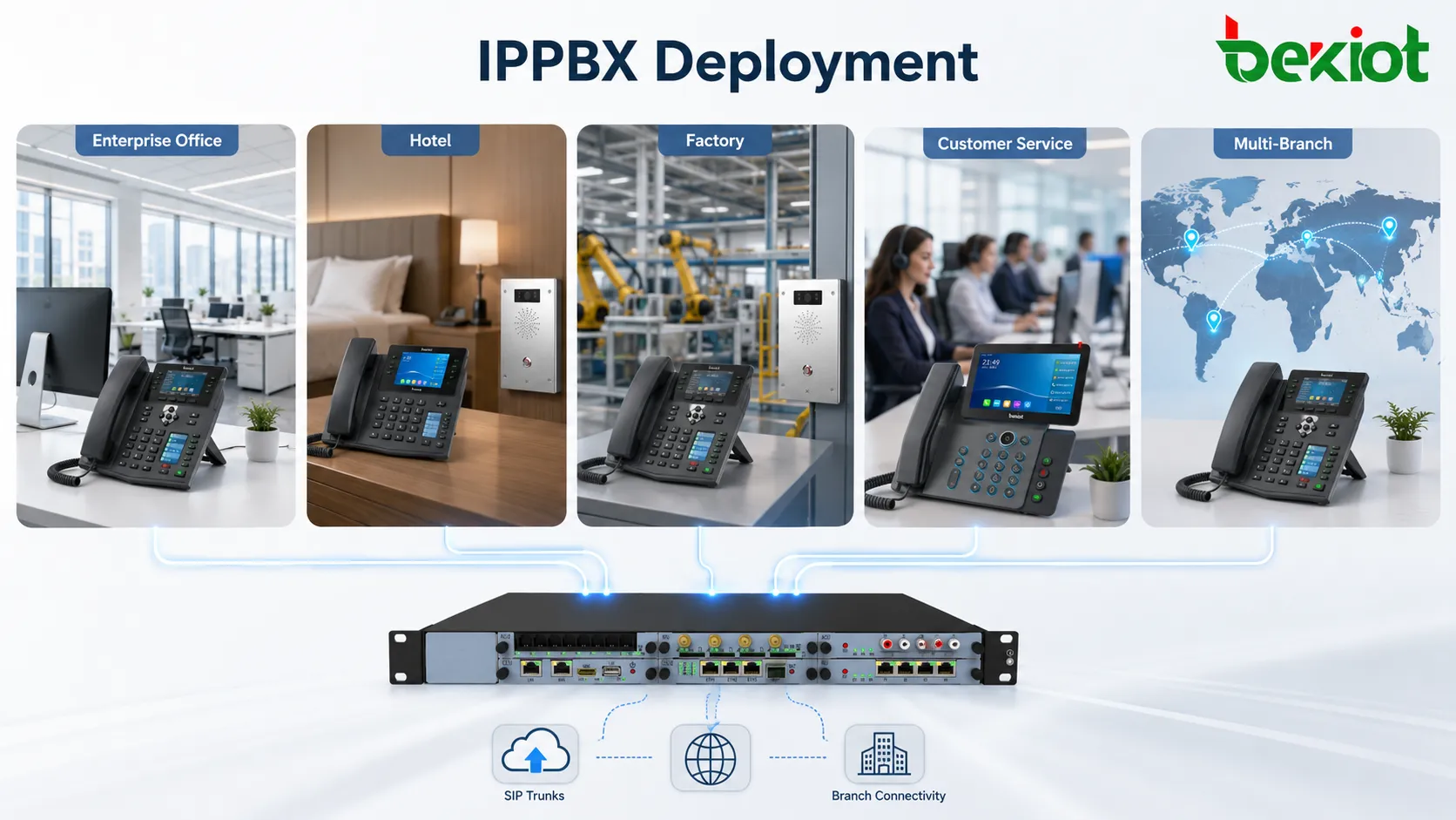 نشر IPPBX في مكاتب المؤسسات والفنادق والمصانع ومراكز خدمة العملاء والمنظمات متعددة الفروع