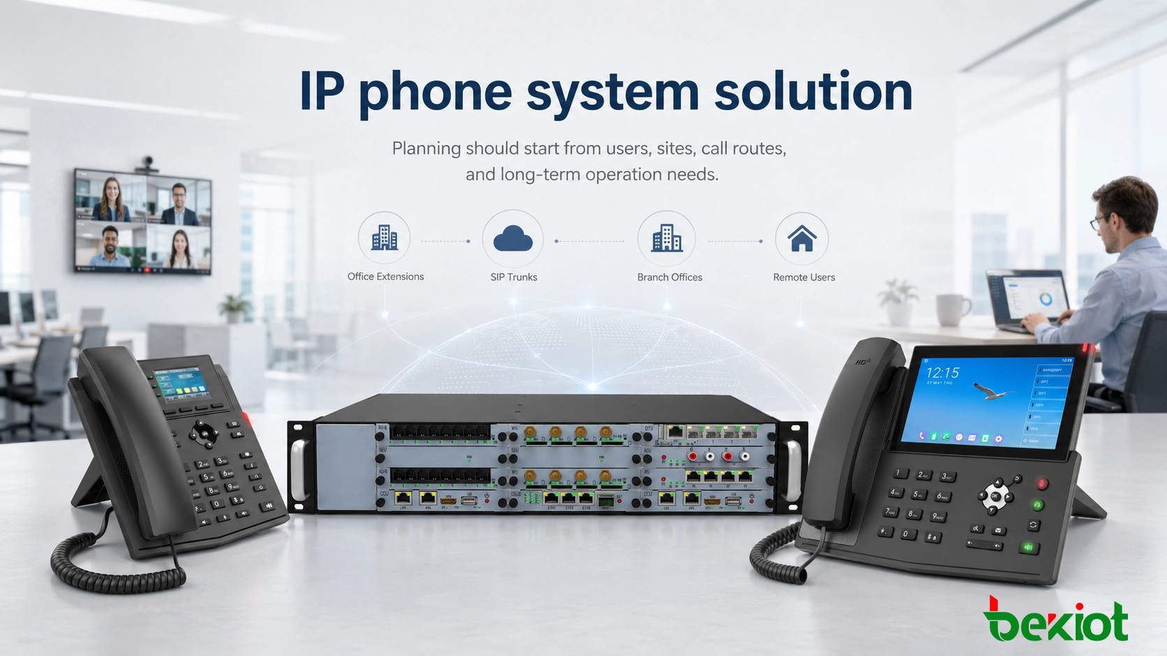 حل نظام هاتف IP يربط ملحقات المكاتب، وخطوط SIP، والفروع، والمستخدمين البعيدين