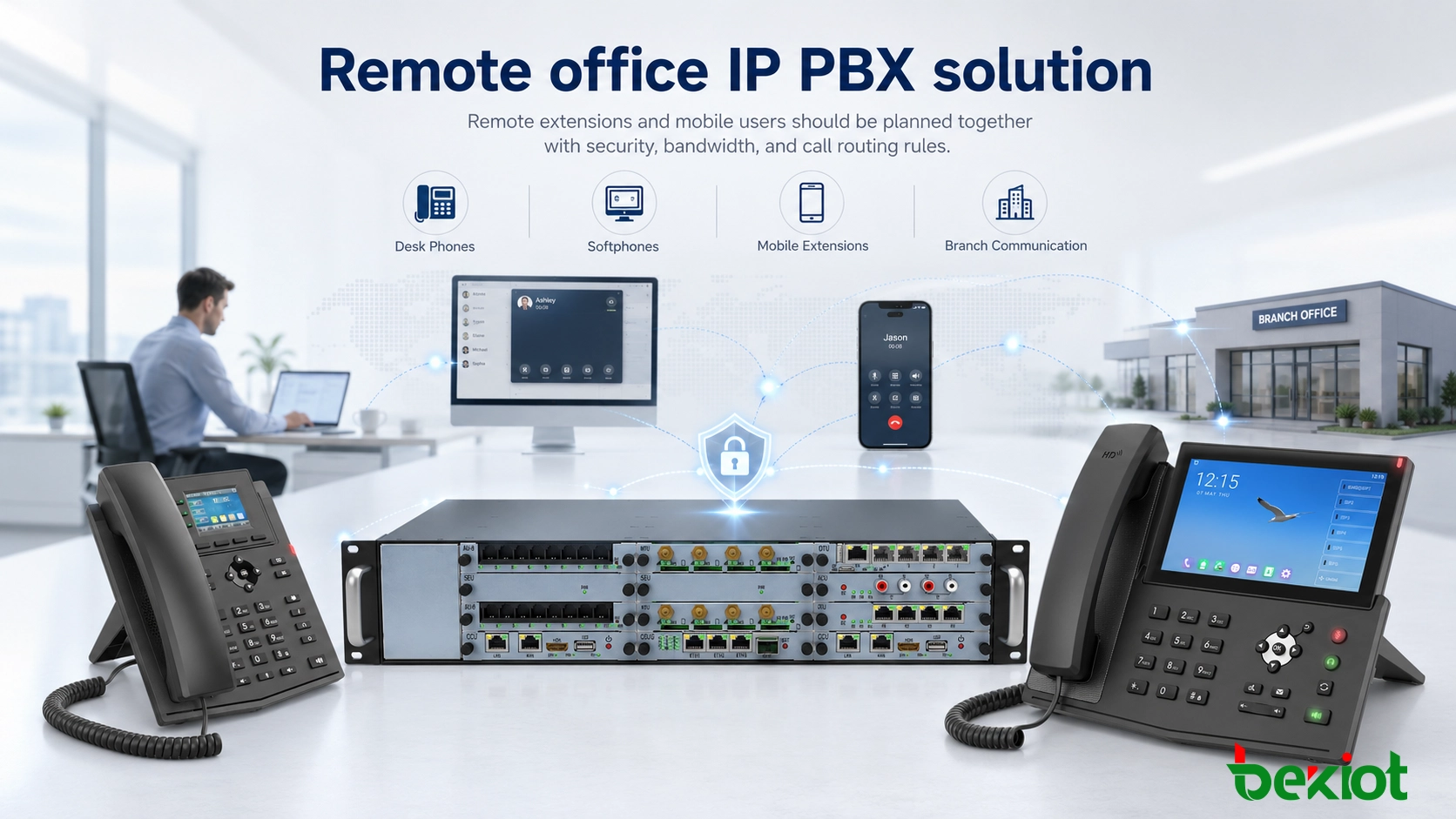 حل IP PBX للمكاتب البعيدة مع هواتف مكتبية، وبرامج هواتف، وملحقات محمولة، واتصال الفروع