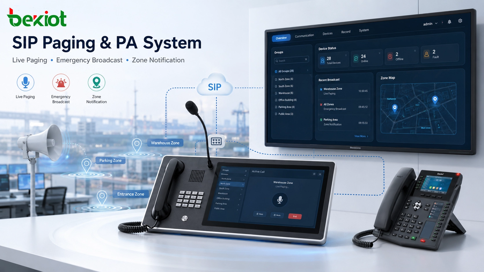 نظام النداء عبر SIP والعناوين العامة المتصل بوحدة تحكم التوزيع وهواتف IP ومنصة الاتصالات الطارئة