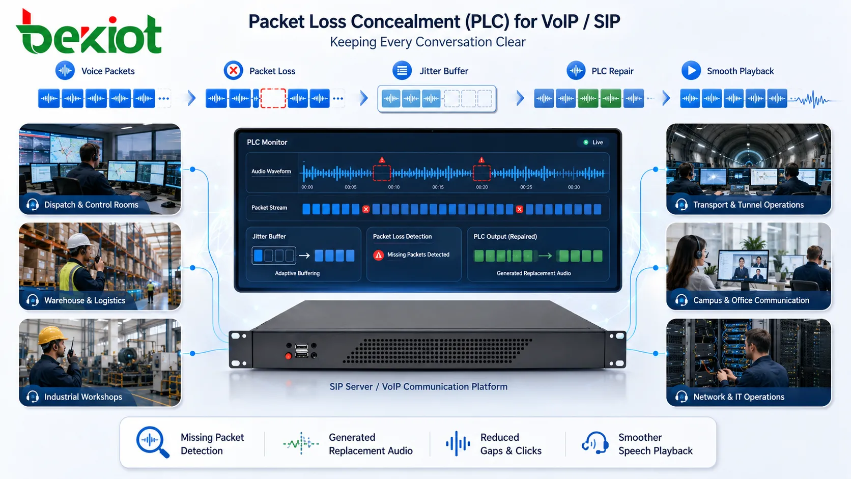 إصلاح صوت إخفاء فقدان الحزم يوضح حزم صوت VoIP واكتشاف الحزمة المفقودة وتوليد صوت بديل ومخزن التذبذب المؤقت وتشغيل كلام أكثر سلاسة