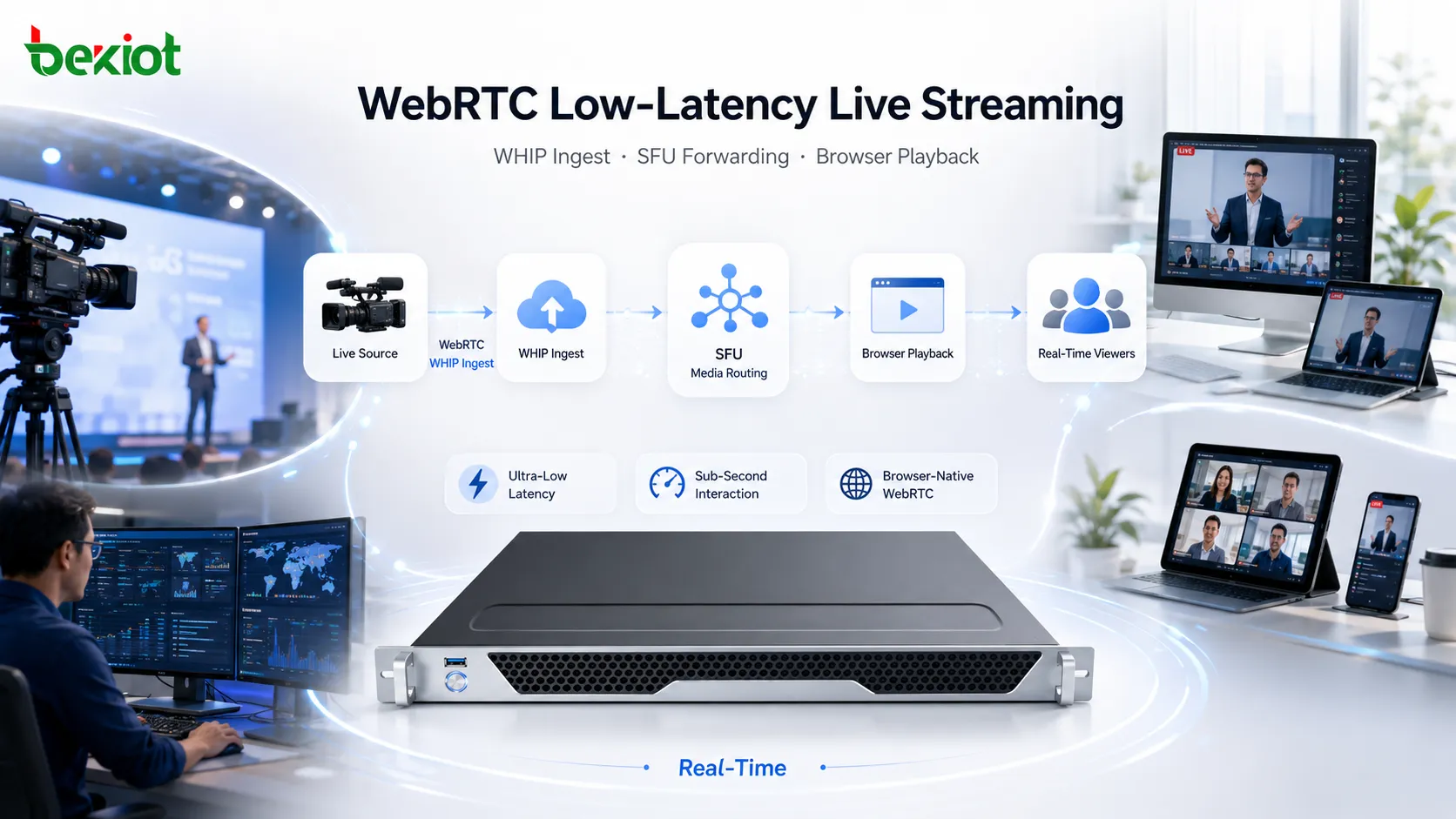 بنية بث WebRTC منخفض التأخير مع إدخال WHIP وتوجيه الوسائط عبر SFU وتشغيل المتصفح