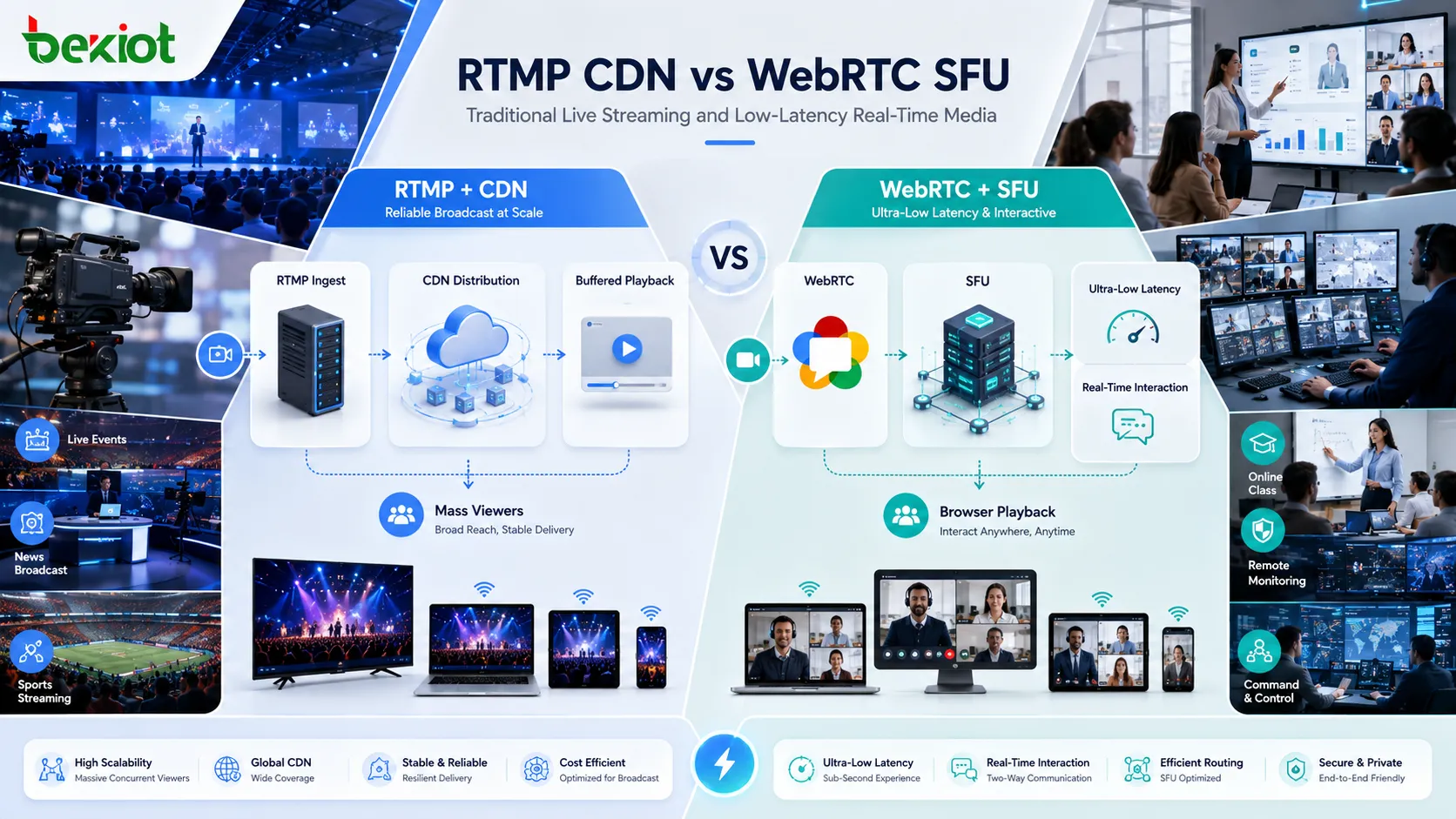 مقارنة بنية بث RTMP CDN مع بنية بث WebRTC SFU منخفض التأخير