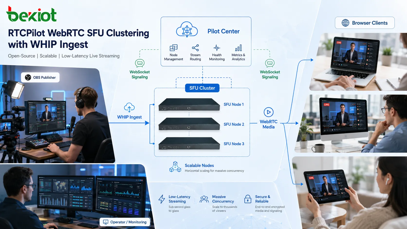 إدخال WebRTC WHIP وبنية عنقود SFU مع Pilot Center وعقد SFU وناشر OBS وعملاء المتصفح