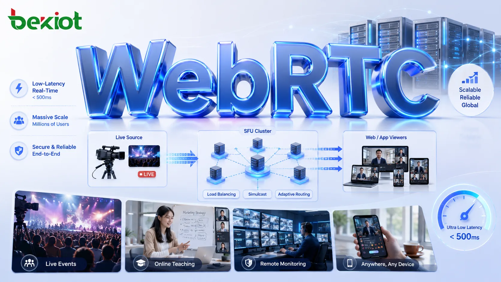 البث المباشر منخفض التأخير باستخدام WebRTC: الحدود التقنية والحالات العملية وتصميم عناقيد SFU