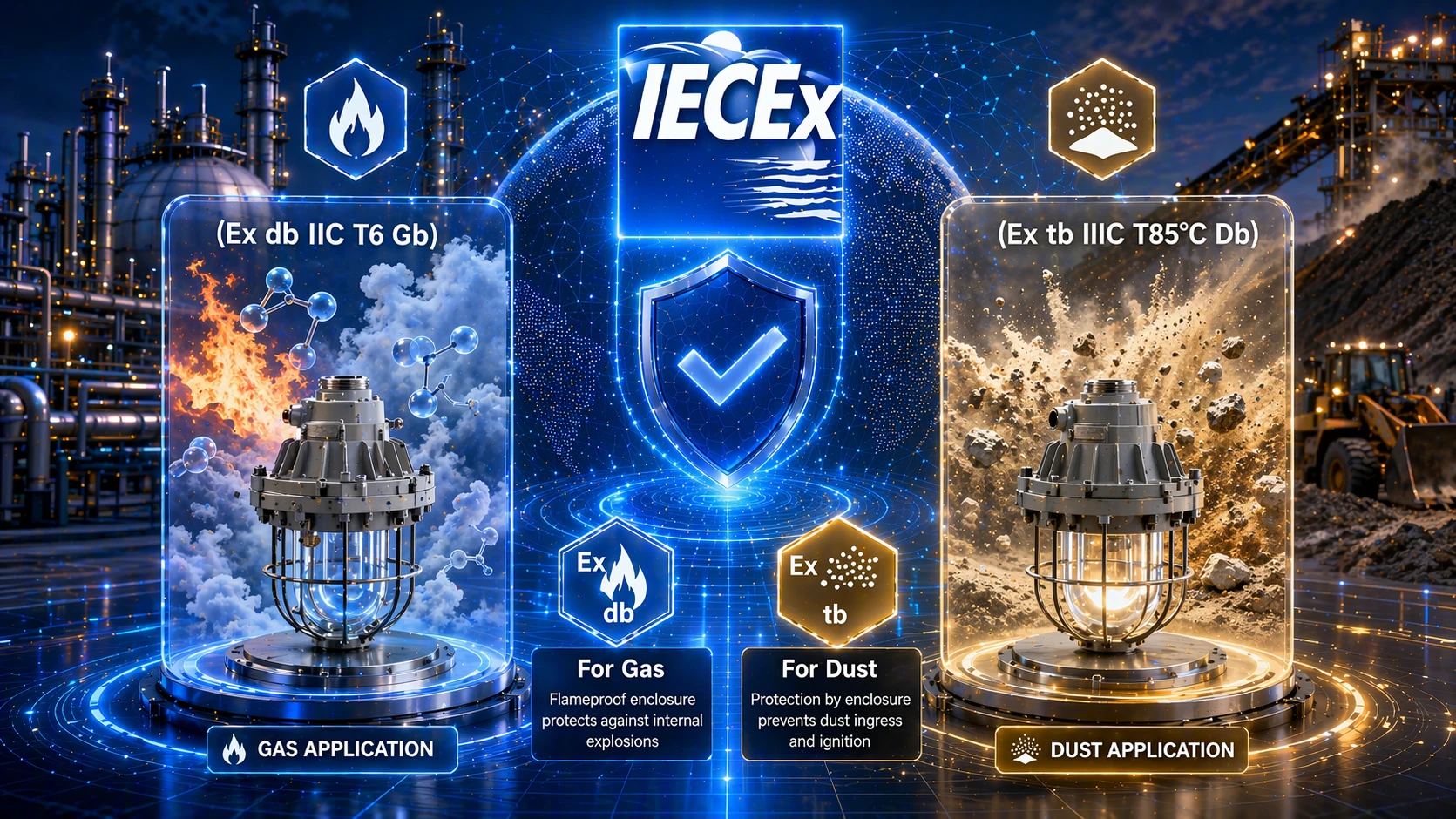 رسم تخطيطي يظهر التسلسل الهرمي لمعايير IECEx بما في ذلك IEC 60079-0, 14, 17, 31 وتصنيف مناطق الخطر