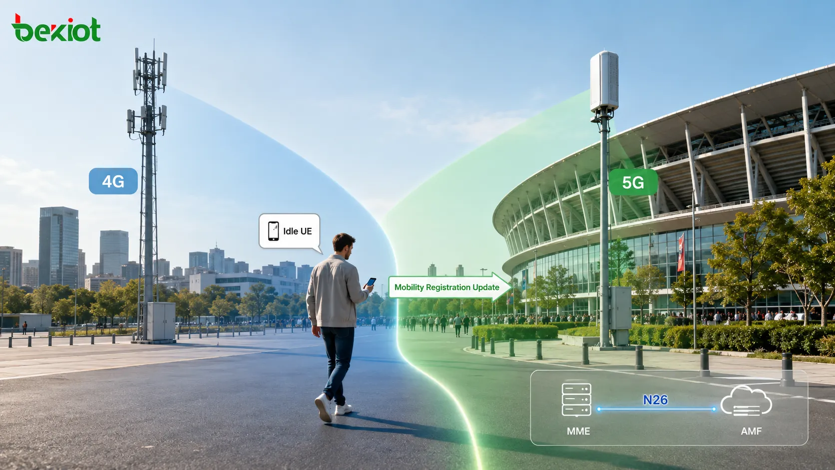 التنقل في وضع الخمول من 4G إلى 5G يوضح انتقال جهاز المستخدم من تغطية LTE eNodeB إلى تغطية 5G gNodeB مع واجهة MME AMF N26 وتسجيل تحديث التنقل