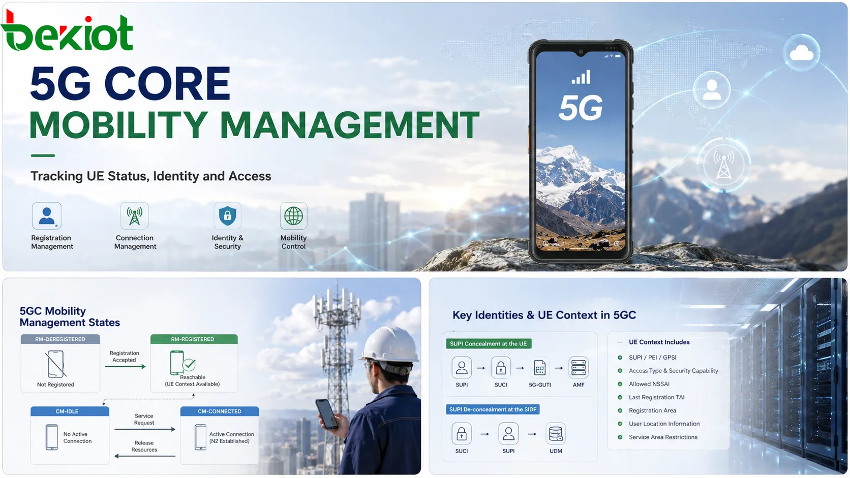 مخطط إدارة التنقل في 5GC يوضح حالات RM المسجلة وغير المسجلة، وحالتي CM الخاملة والمتصلة، وإنشاء سياق UE في AMF