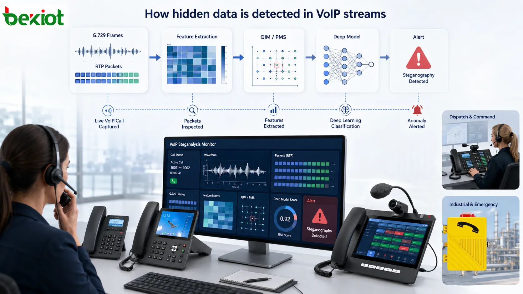 مسار تحليل الإخفاء في VoIP يوضح إطارات كلام G.729 واستخراج السمات الإحصائية وكشف أنماط QIM وPMS والتصنيف بشبكة عصبية عميقة والمراقبة الأمنية في الزمن الحقيقي