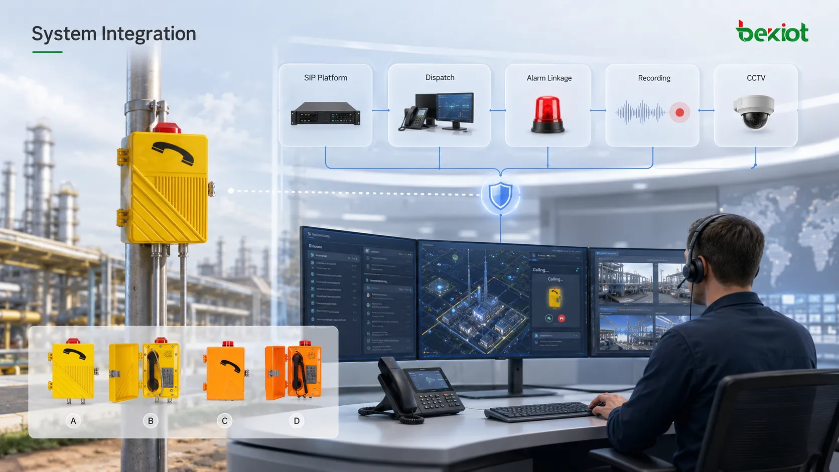 تكامل محطة اتصالات صناعية مع منصة SIP ووحدة توجيه وربط بالإنذار وخادم تسجيل ونظام IP PBX ومحطة خارجية ومشغّل غرفة تحكم