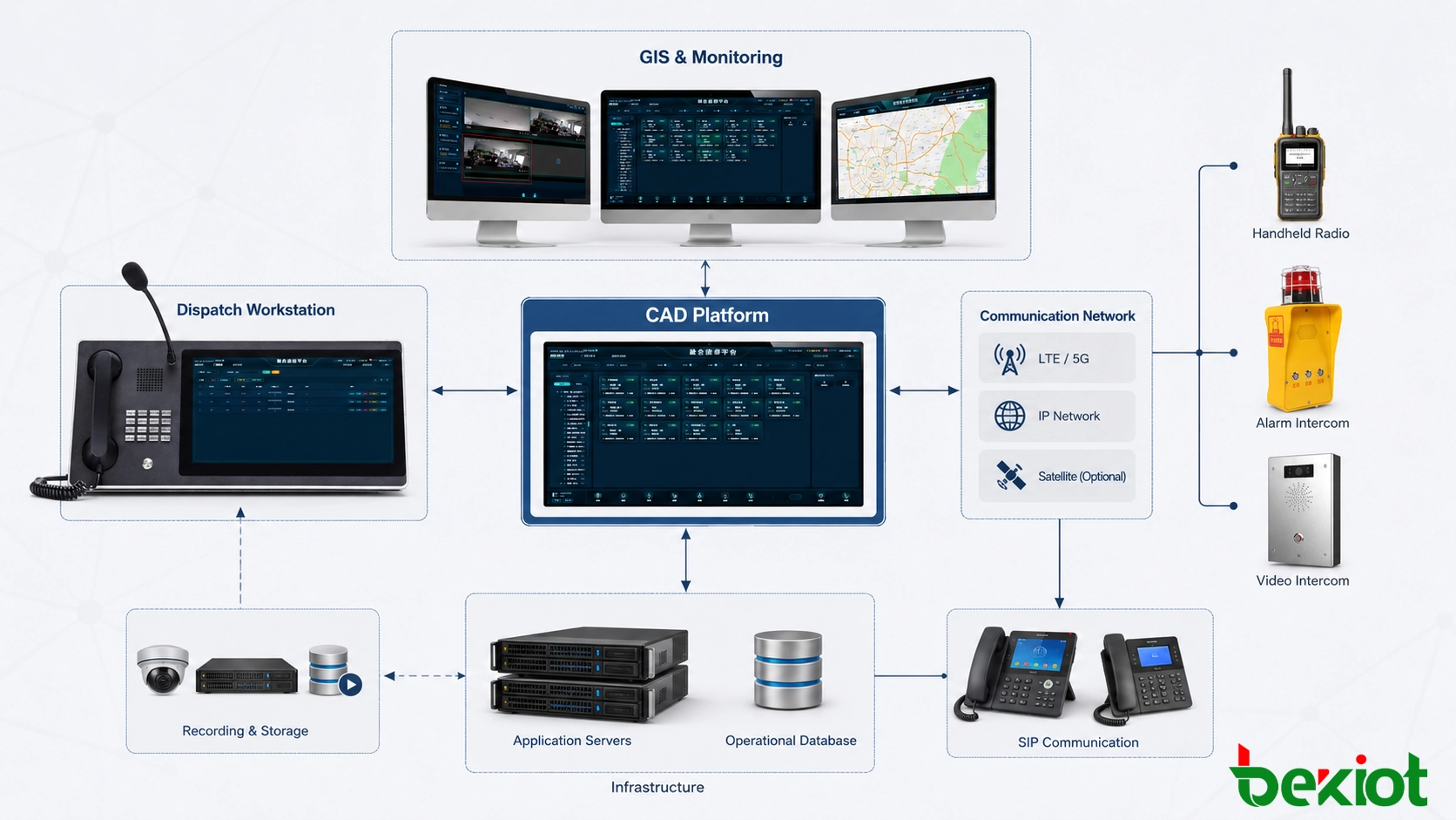 بنية نظام CAD التي تربط محطات عمل الإرسال، وخوادم التطبيقات، وخرائط GIS، وشبكات الاتصالات، وأنظمة التسجيل، والمحطات الميدانية المتنقلة