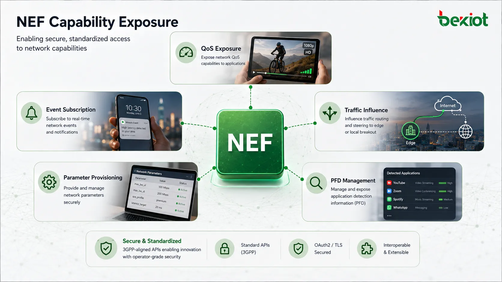 إتاحة قدرات NEF في 5GC بما يشمل QoS والاشتراك في الأحداث والتأثير على حركة البيانات وتزويد المعلمات وإدارة PFD