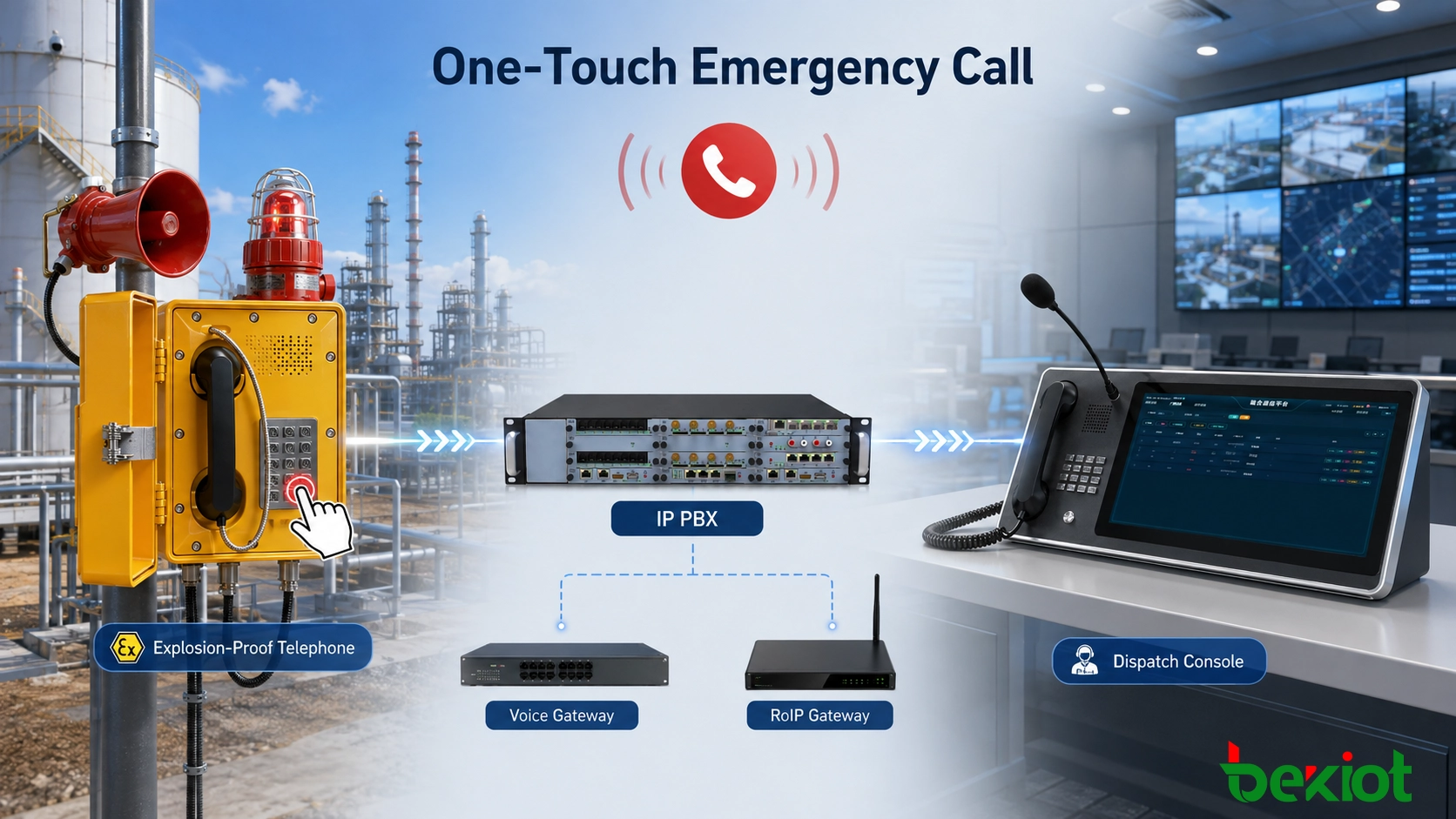اتصال طارئ بلمسة واحدة من هاتف مضاد للانفجار إلى IP PBX ووحدة توجيه