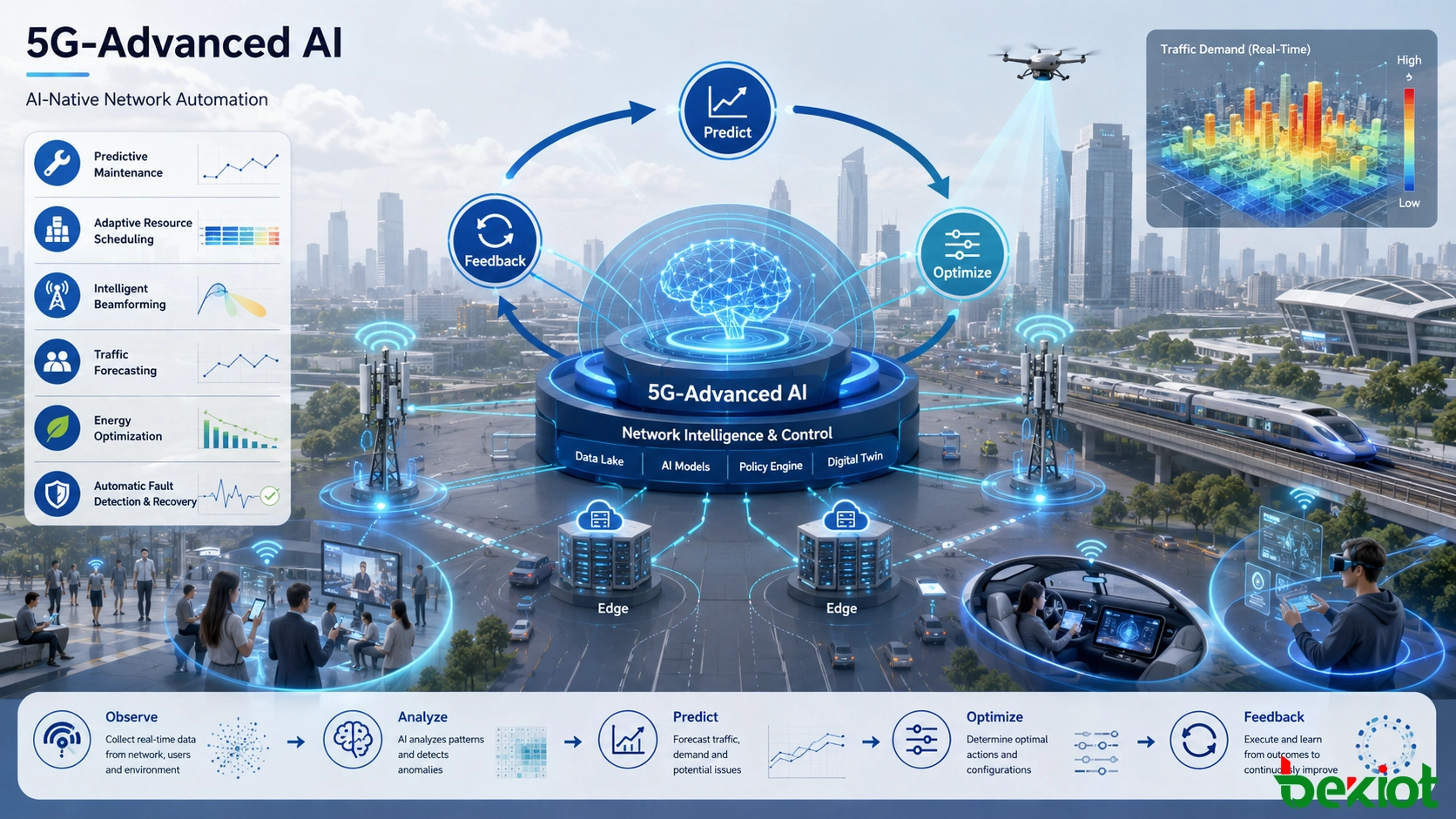 أتمتة الشبكة ذات الحلقة المغلقة بالذكاء الاصطناعي في الجيل الخامس المتقدم للتنبؤ وجدولة الموارد وتشكيل الحزم وتحسين الطاقة