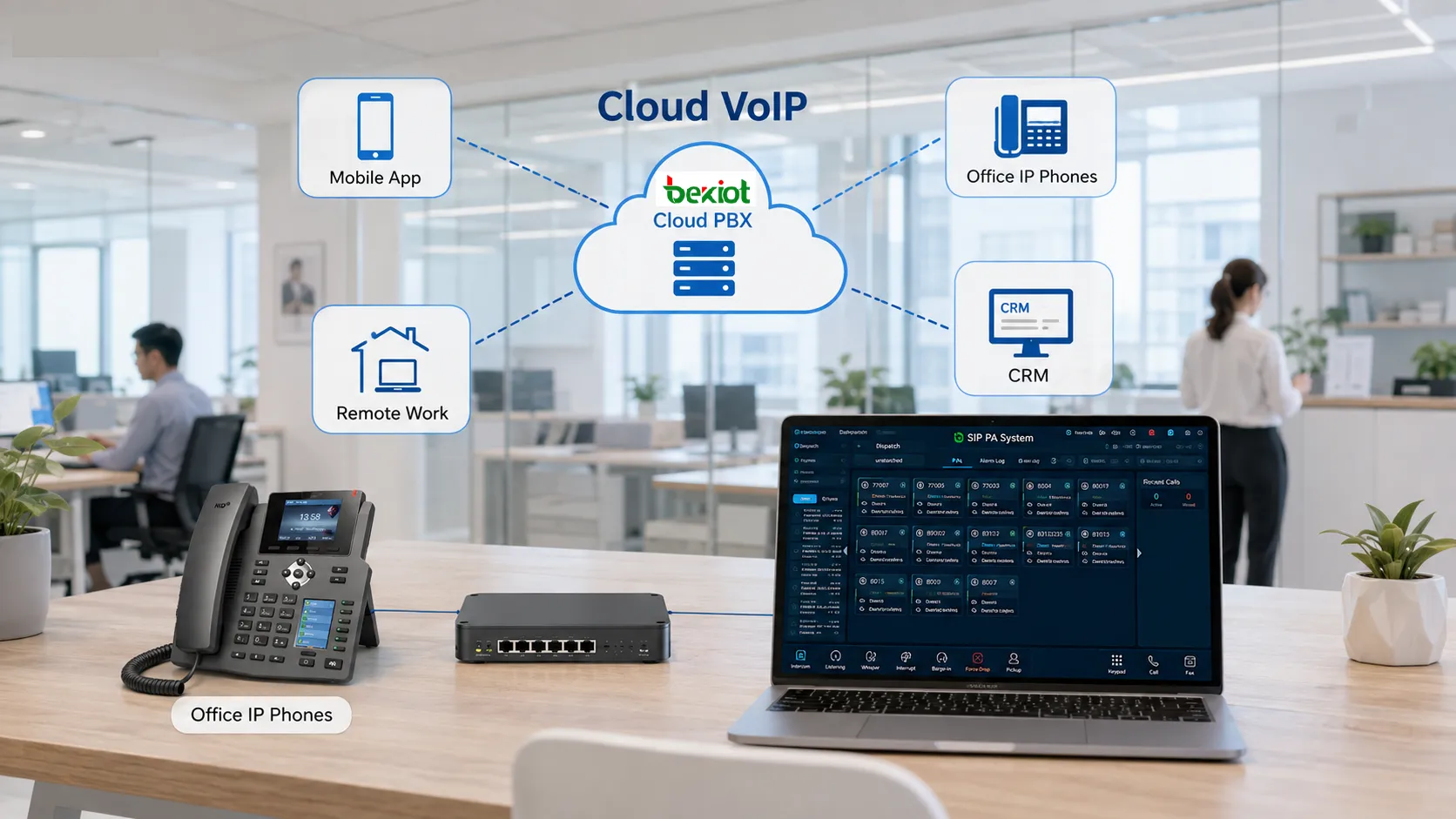 بنية VoIP سحابية تربط هواتف المكتب والموظفين عن بُعد والتطبيقات المحمولة وشبكات النطاق العريض وخدمات الاتصالات السحابية للشركات الصغيرة