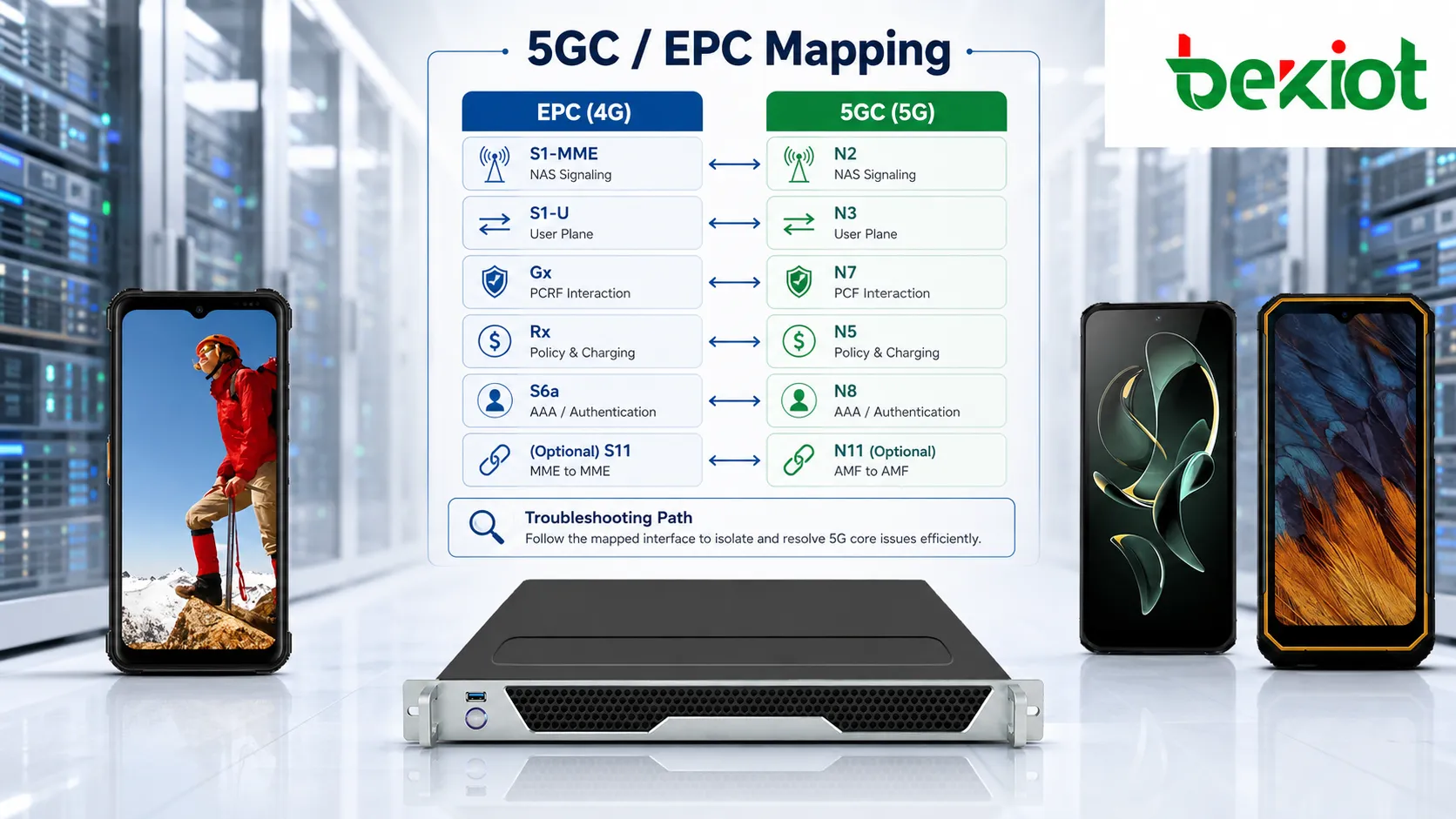 ربط مقارن بين واجهات 5GC وEPC يوضح N2 وN3 وN4 وN5 وN7 وN8 وN11 وغيرها من واجهات الشبكة الأساسية مقابل S1 وGx وRx وS6a وواجهات EPC التقليدية