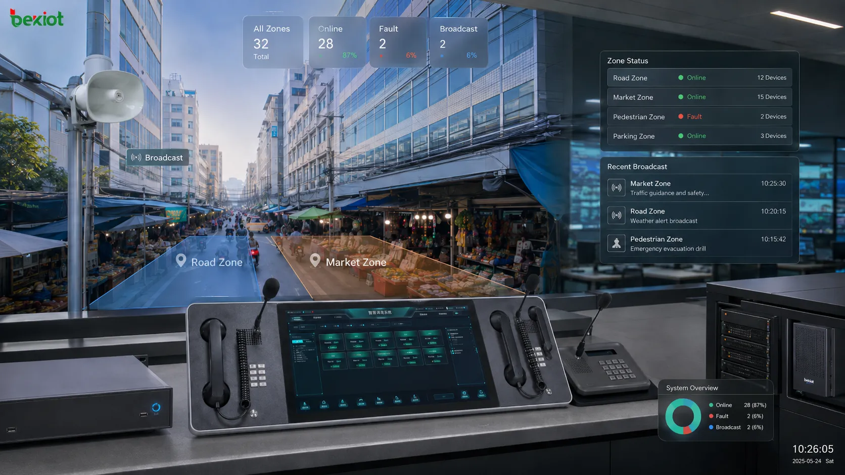 تشغيل النداء العام على طريق ذكي مع مراقبة CCTV ومركز تحكم ومكبرات صوت موزعة على مناطق وأعمدة إنارة ذكية واتصال عام عبر بيئة الطريق