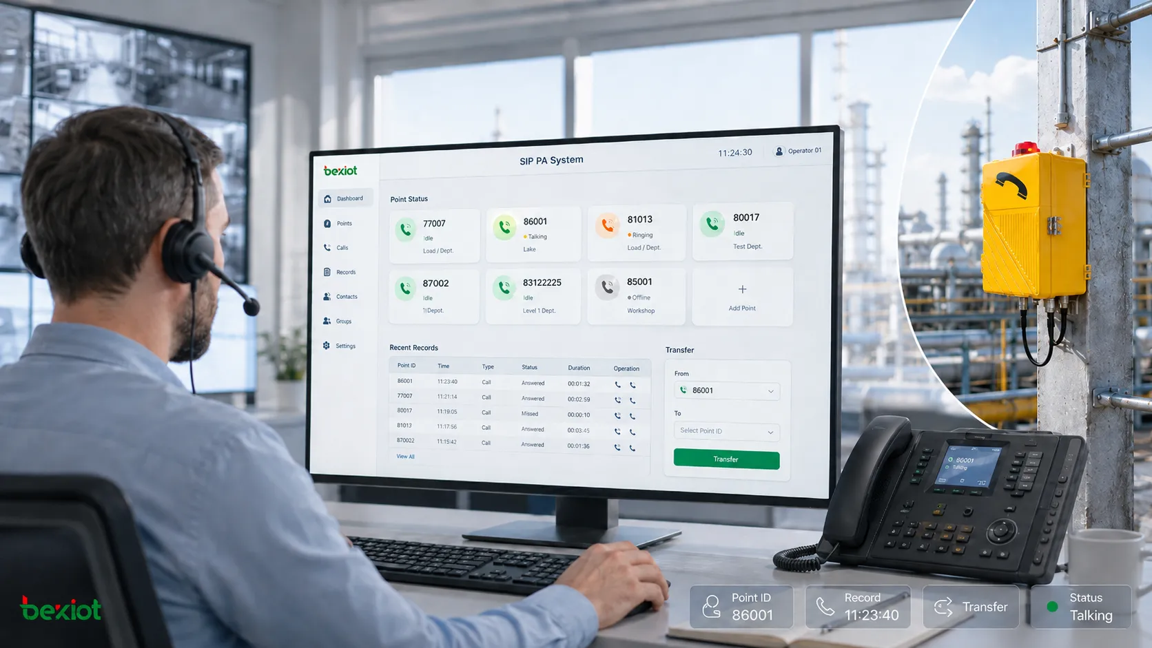 استبيان تجربة المستخدم لمشغل إرسال الهاتف الصناعي يعرض غرفة التحكم وعرض نقطة المكالمة الواردة واتصال الهاتف الميداني ونقل المكالمة والتسجيل وإدارة حالة الأجهزة الطرفية