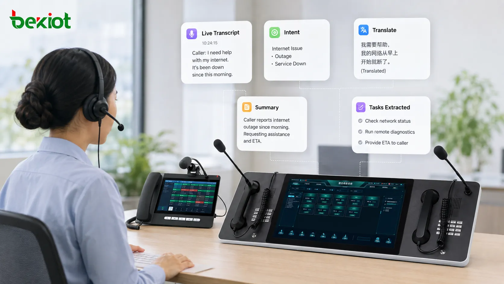 تحليل مكالمة VoIP في الوقت الحقيقي بمساعدة الذكاء الاصطناعي مع تفريغ الكلام واكتشاف نية العميل والترجمة المباشرة ومطابقة البيانات التاريخية والمساعدة الذكية للوكيل