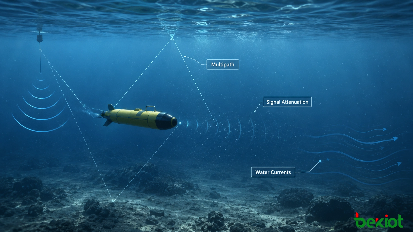 بيئة الاتصالات تحت الماء للمركبات AUV توضح التوهين، والانتشار متعدد المسارات، والتيارات المائية، وتحديات الاتصال