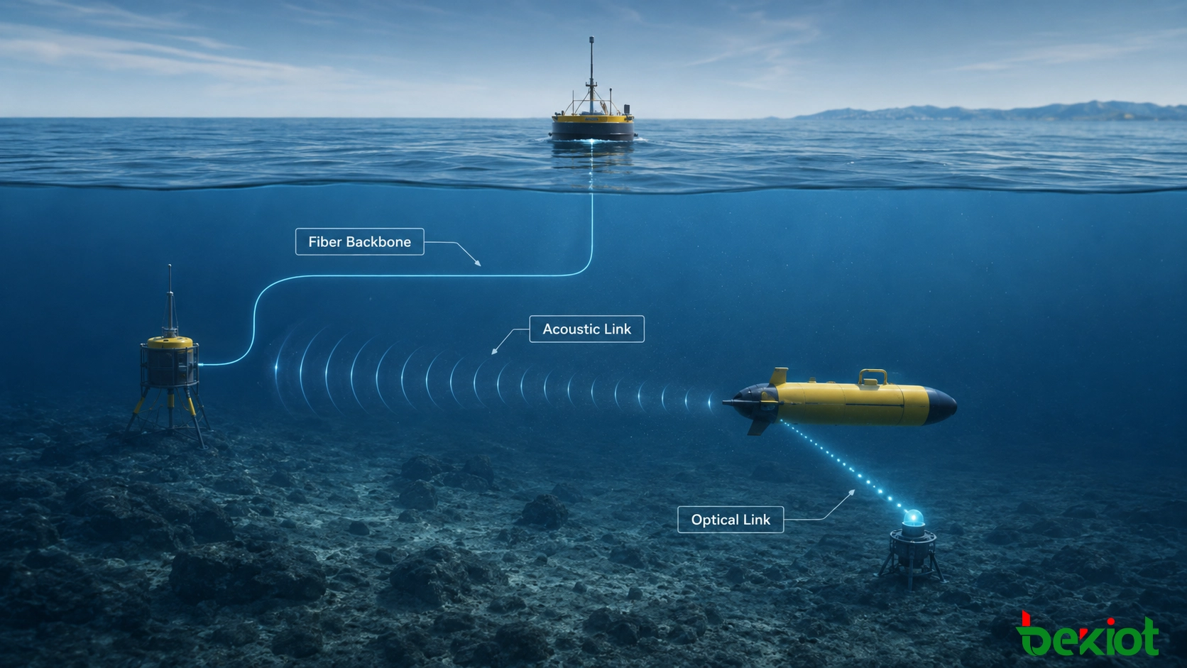 هندسة اتصالات هجينة للمركبات AUV تجمع بين التحكم السطحي، ومحطة تحت الماء متصلة بالألياف، ووصلة صوتية، ونقل بيانات ضوئي
