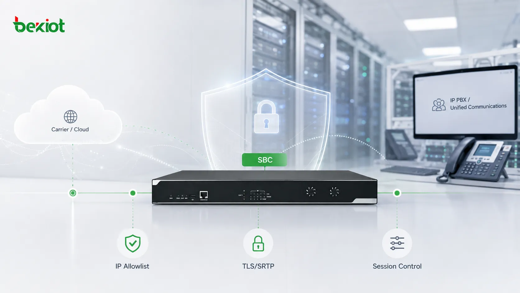 وصلة SIP Trunk مؤسسية محمية عبر SBC وضوابط وصول وإشارات مشفرة ومراقبة للحركة غير الطبيعية عند حدود شبكة VoIP