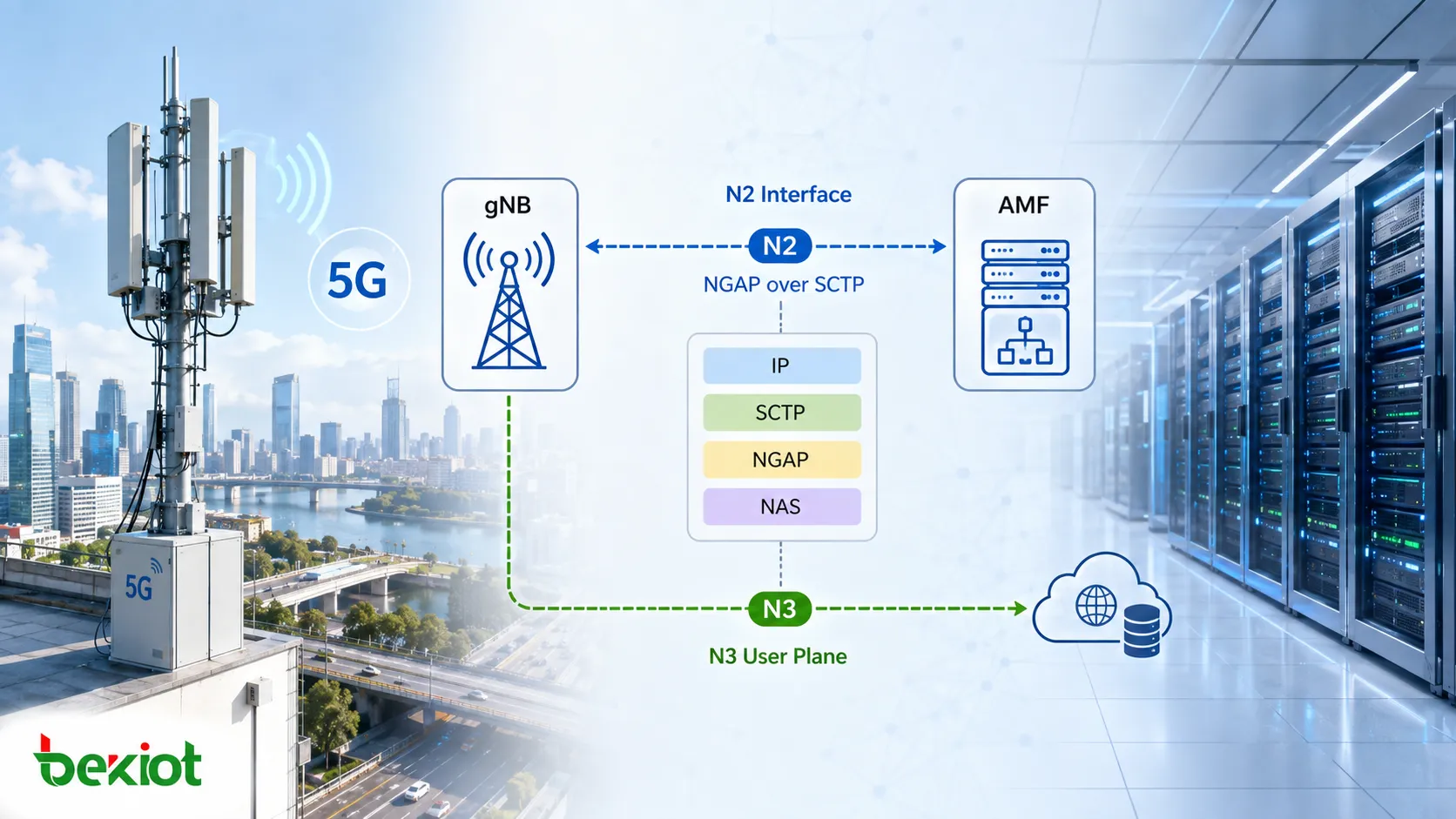 واجهة N2 في 5G التي تربط gNB وAMF عبر SCTP وNGAP وتحمل إشارات NAS وإجراءات مستوى التحكم الخاصة بـUE