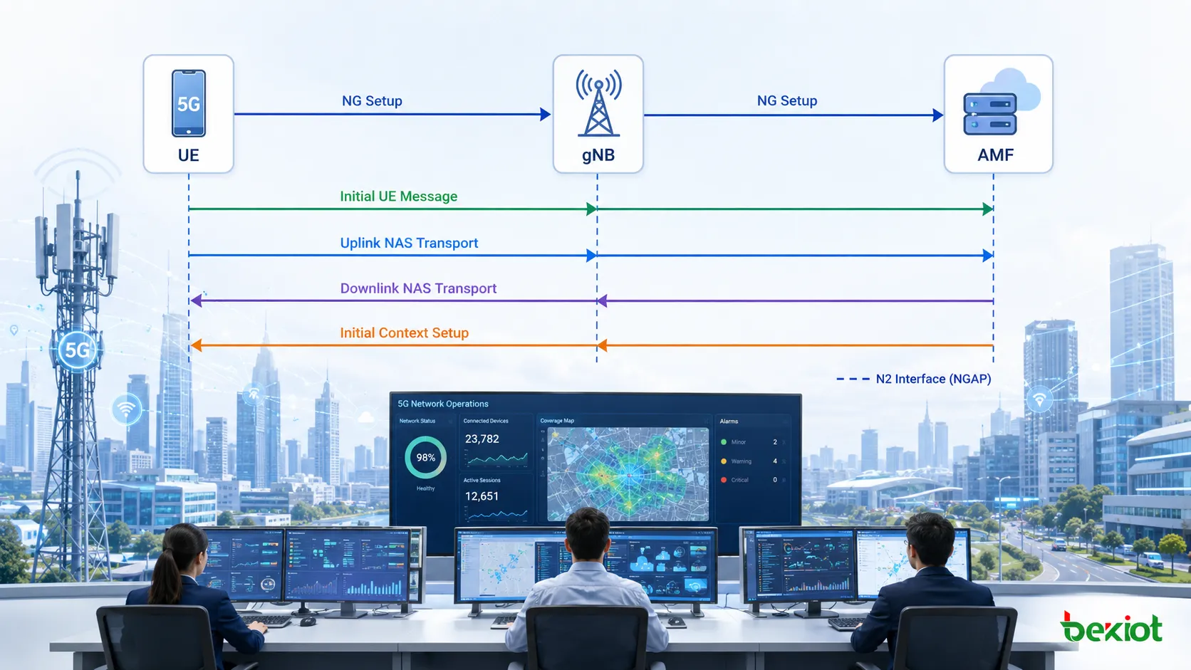 تسلسل نموذجي لإشارات N2 في 5G من NG Setup مرورًا بـInitial UE Message وNAS Transport وصولًا إلى Initial Context Setup