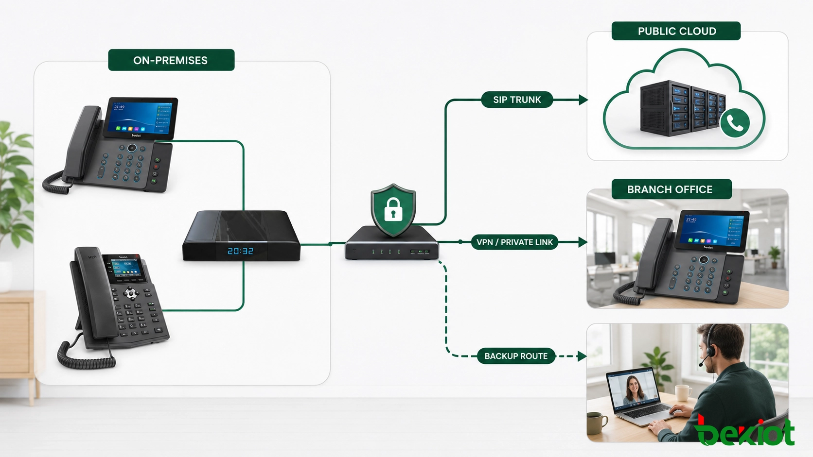 هندسة الاتصالات السحابية الهجينة التي تربط هواتف SIP ونظام تحكم محلي في المكالمات وروابط شبكة آمنة وخدمات سحابية عامة