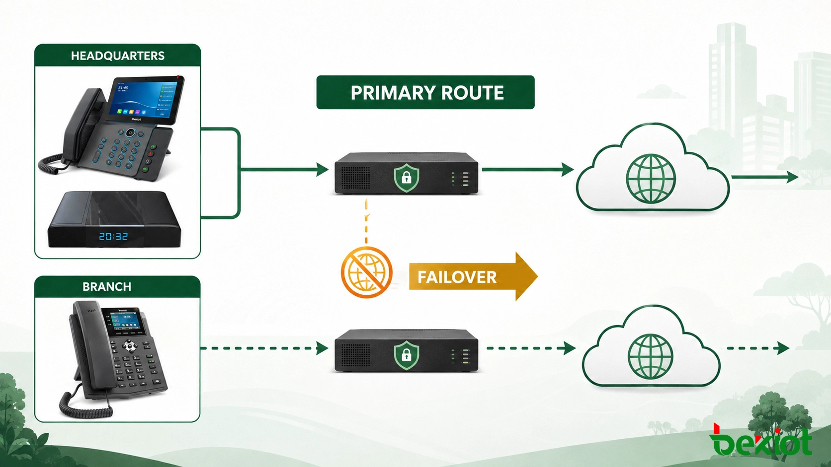 سير عمل توجيه مكالمات SIP والتعافي من الأعطال بين هواتف المكتب ومقسم PBX المحلي وحافة آمنة وخدمات الاتصال السحابية
