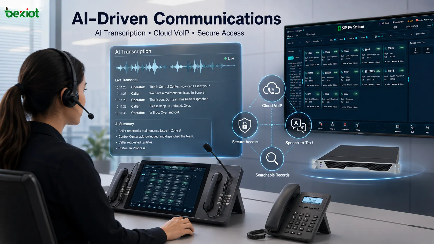 منصة VoIP سحابية آمنة تربط المستخدمين البعيدين ومحطات التشغيل متعددة القنوات وأنظمة اتصالات المؤسسة عبر SIP ووصول VPN والنسخ النصي بالذكاء الاصطناعي